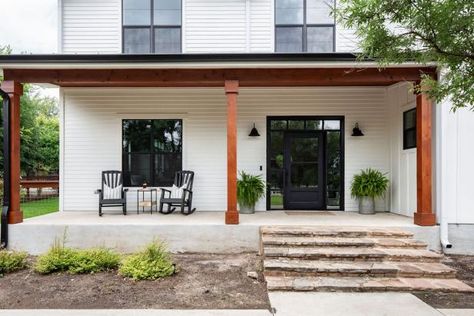 Modern Exterior Siding, Baby Blue Bedrooms, Brown Walls Living Room, Texas Farmhouse, Farmhouse Pictures, Moore House, Spa Inspired Bathroom, Wooden Columns, Navy Blue Walls