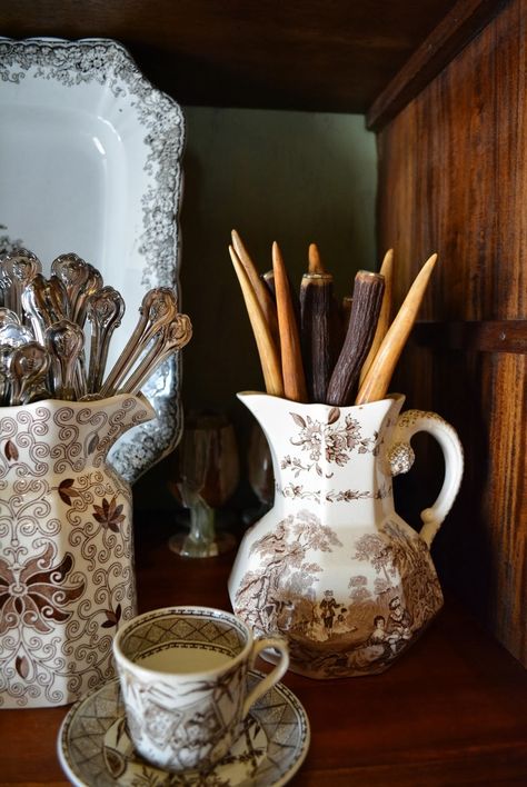 Transferware Display, Vintage Transferware, Cottage Cabinet, Brown Cottage, Brown Toile, Dining Room Updates, Woodland Cottage, English Decor, Brown Transferware