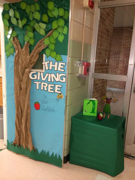 Door Decoration - The Giving Tree by Shel Silverstein The Giving Tree Classroom Door, The Giving Tree Classroom Theme, The Giving Tree Door Decoration, Tree Classroom Theme, Literacy Door Decorating Ideas, Reading Week Door Decorations, Tree Classroom Door, Library Tree, Tree Classroom