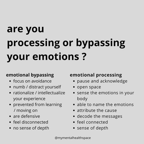 Dr. Susanne Wolf on Instagram: “Are you bypassing or processing your emotions ? — your susanne 🖤 #mymentalhealthspace . . . These are examples. Please remember that this…” Emotion Therapy Activities, No Kitchen Cooking, Over Functioning, Emotional Awareness Activities, How To Process Emotions, Emotions Psychology, Processing Feelings, Emotional Processing, Feel Your Emotions