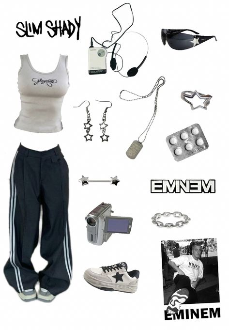 Rapper Inspired Outfit, Hip Hop Y2k Outfits, Eminem Inspo Outfit, Eminem Clothing Style, Eminem Aesthetic Outfit, Slim Shady Outfit, Eminem Outfits Girl, Rapper Style Outfits, Hiphop Aesthetic Outfit