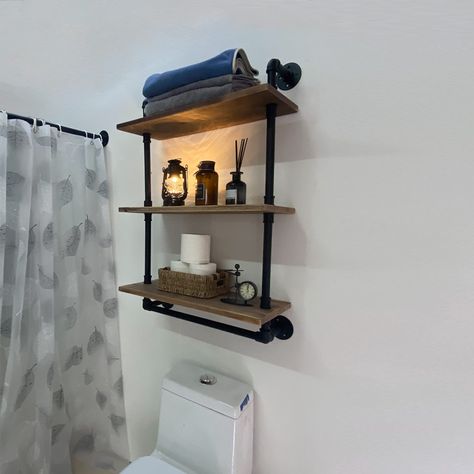 Hanging Shelf Brackets, Iron Pipe Shelves, Bathroom Shelf With Towel Bar, Industrial Wall Shelves, Shelves Industrial, Pipe Shelving, Metal Floating Shelves, Industrial Shelf, Rustic Wall Shelves