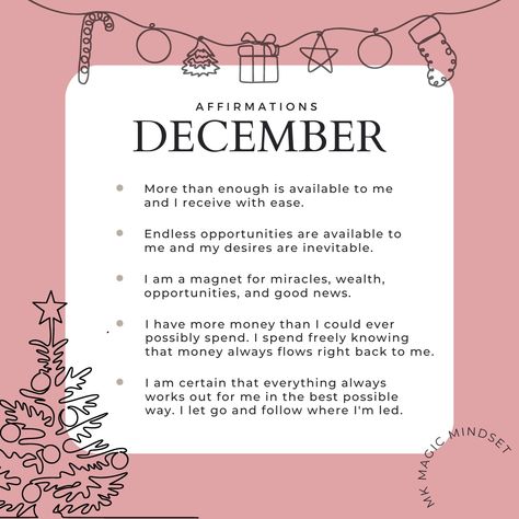 Here are some affirmations to create more abundance as we enter a month filled with magic. Let me know which one is your favorite! December Intentions, December Affirmations, December Manifestation, 2025 Affirmations, December Magic, Monthly Affirmations, Monthly Reminders, Tarot Tips, Affirmations For Happiness