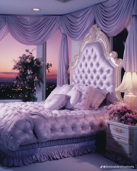 Purple Luxury Bedroom, 80s Luxury Bedroom Aesthetic, 80s Lounge, 80s Luxury Interior Bedroom, Purple Mansion Bedroom, Royal Bedroom Princesses Pink, Pink Royal Bed, Purple Girls Bedroom, 80s Bedroom