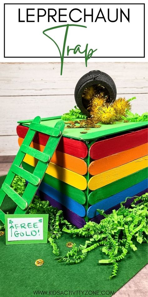 Easy Leprechaun Trap, Diy Leprechaun Trap, Popsicles Sticks, Gold Pom Poms, Diy Leprechaun, Leprechaun Trap Project, Easy Kid Activities, Leprechaun Trap, St Patricks Day Crafts For Kids