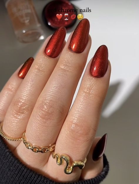 Vintage Red Nails, Dark Red Chrome Nails, Chrome Red Nails, Red And Pink Nails, Disco Nails, Red Chrome Nails, Gold Chrome Nails, Dark Red Nails, Latest Nail Designs