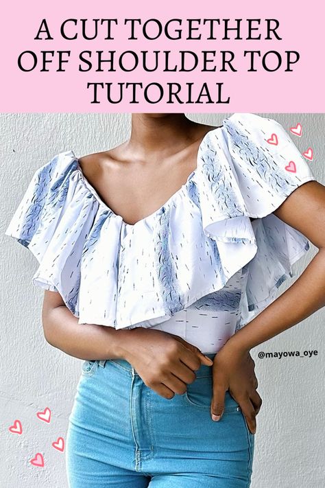 How to cut and sew a cut together off shoulder blouse with ruffles Off Shoulder Ruffle Top Pattern, Cheap Off-shoulder Blouse With Ruffles, Off-shoulder Ruffle Blouse For Beach, Cheap Off-shoulder Ruffled Blouse, Sewing Frills Ruffles, Ruffle Top Pattern, Off Shoulder Ruffle Top, Blouse With Ruffles, Clothes Making