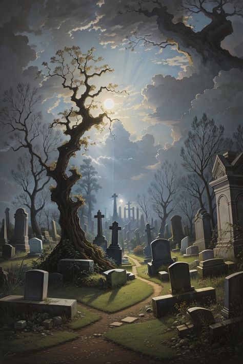 Graveyard Concept Art, Catacombs Art, Cemetery Drawing, Cemetery Illustration, Fantasy Graveyard, Cemetery Painting, Graveyard Painting, Graveyard Drawing, Graveyard Art