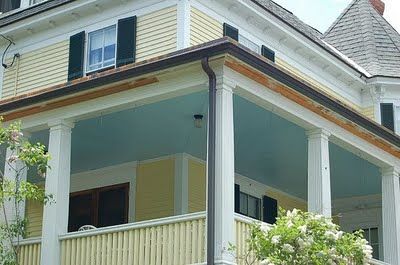 haint blue | Haint blue Haint Blue Porch Ceiling, Traditional Southern Home, Blue Porch Ceiling, Blue Porch, Front Porch Deck, Palladian Blue, Porch Paint, Haint Blue, Porch Ceiling