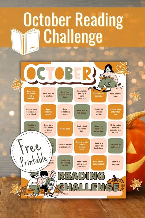 Use this October Reading Challenge printable as a fun way to celebrate book month and get students excited for fall reading. This resource includes 30 ideas to get into the spirit of the season with a good book. We hope your students will enjoys selecting books that are spooky, scary, and all things Autumn. #BookMonth #ReadingChallenge Autumn Reading Challenge, October Reading Challenge, Fall Reading Challenge, October Homeschool Ideas, Monthly Reading Challenge, October Challenge, September Reading, October Reading, October Books