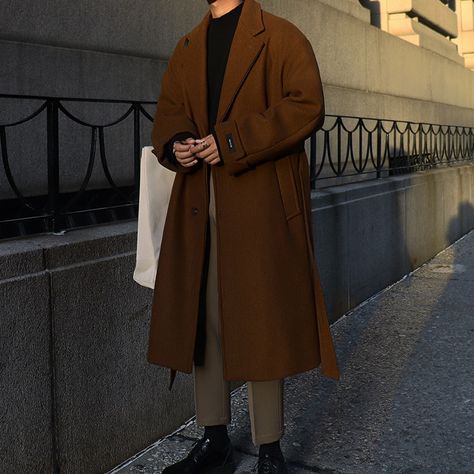 Brown Overcoat, Winter Trench, Long Coat Men, Mens Wool Coats, Coat With Belt, Long Overcoat, Winter Trench Coat, Langer Mantel, Trench Coat Men