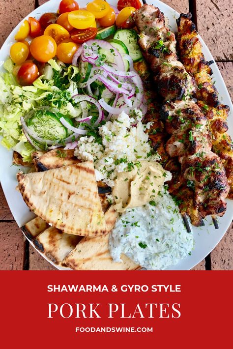 Marinated and sliced pork, grilled to perfection with fun accompaniments! Perfect summer entertaining recipe! Middle Eastern Pork Recipes, Gyro Plate Recipe, Pork Shawarma Recipe, Pork Gyros Recipe, Pork Gyros, Summer Entertaining Recipes, Pork Dinners, Office Food, Pork Sirloin