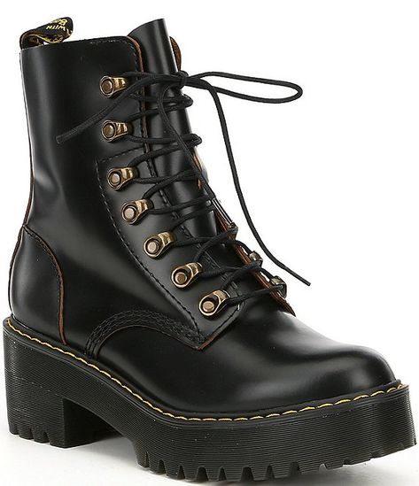 Leona Doc Martens, Doc Martens Leona, Combat Boot Heels, Combat Platform Boots, Dr Martens Leona, Heel Combat Boots, Heeled Combat Boots, Visible Stitching, Leather Combat Boots