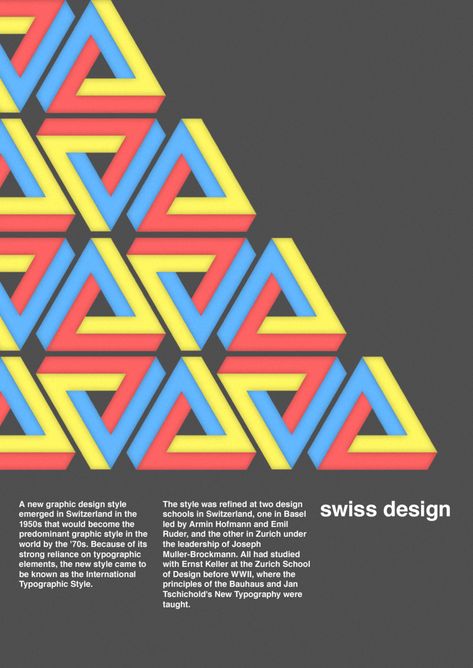 This involves a repetition of shape, color, pattern, and type. The repetition draws the viewer into the pattern first, and then leads down to "Swiss Design". Swiss Style Poster, Swiss Grid, Mike Joyce, International Typographic Style, Pattern Design Drawing, Graphic Design Style, Swiss Style, Illustrator Design Tutorial, Graphic Design Collection