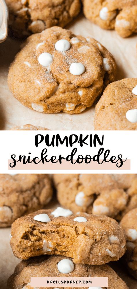 Soft and Chewy Pumpkin Cookies are a Fall must. Filled with pumpkin, white chocolate chips and coated in cinnamon & sugar! Chewy Pumpkin Cookies, Pumpkin White Chocolate, Pumpkin Snickerdoodle Cookies, Pumpkin Snickerdoodles, Fantastic Recipes, Snickerdoodle Cookies, White Chocolate Chip Cookies, Gourmet Cookies, Pumpkin Chocolate Chips