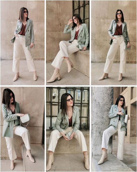 Sage Green & Beige Outfit Idea - BambolaI Fashion Sage Green Shirt Outfit Women, Sage Green Trench Coat Outfit, Sage Green Jacket Outfit, Sage Green Blazer Outfit, Green Beige Outfit, Sage Green Outfit Ideas, Taurus Fashion, Trench Vert, Sage Green Outfit