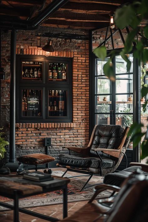 Industrial Man Cave Ideas, Industrial Small Living Room, Industrial Small House, Man Cave Brick Wall, Dark Moody Man Cave, Industrial Moodboard, Small Industrial Kitchen Design Brick Walls, Small Man Cave Ideas, Industrial Style House