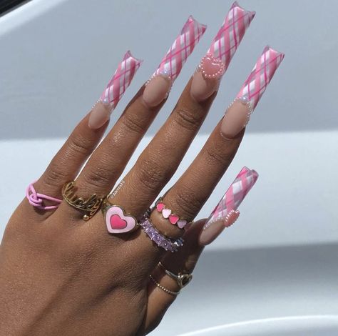 Lace Acrylic Nails, Pink Plaid Nails, Dolly Nails, Flare Acrylic Nails, Plaid Nail Designs, Lux Nails, Spring Acrylic Nails, Plaid Nails, Classy Acrylic Nails