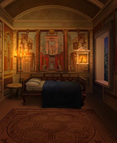 Bedroom - night Episode Interactive Backgrounds Bedroom Day And Night, Dark Fantasy Bedroom Concept Art, Ancient Greece Bedroom, Roman Bedroom, Rome Landscape, Greek House Interior, Mystical Bedroom, Greek Bedroom, Mediterranean Bedroom