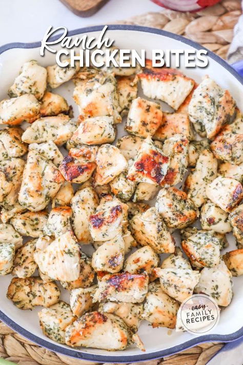 These Ranch Chicken Bites are the best easy chicken dinner! Made with tender chicken breast and ranch seasoning, you can have these prepped, cooked, and on the table in as little as 20 minutes! If you need a fast chicken dinner this is it! These Ranch Chicken Bites can be served like chicken nuggets, or can be served on pitas, salads, wraps, and more! This kid friendly dinner recipe is one the whole family will enjoy! Kid Friendly Chicken Breast Recipes, Keto Ranch Chicken, Fast Chicken Dinner, Ranch Chicken Bites, Easy Ranch Chicken, Healthy Ranch, Keto Ranch, Chicken Bites Recipe, Healthy Chicken Nuggets