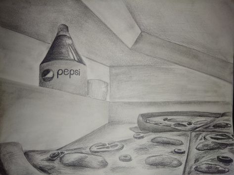 Ants veiw from the pizza , having the box half open and a pepsi bottle outside the box. Ant Eye View Perspective Drawing, Ants View Perspective Drawing, Drawing Of Pizza, Drawing Of Room, Pizza Box Drawing, Ant Perspective, Situation Drawing, Music Art Drawing, View Sketch