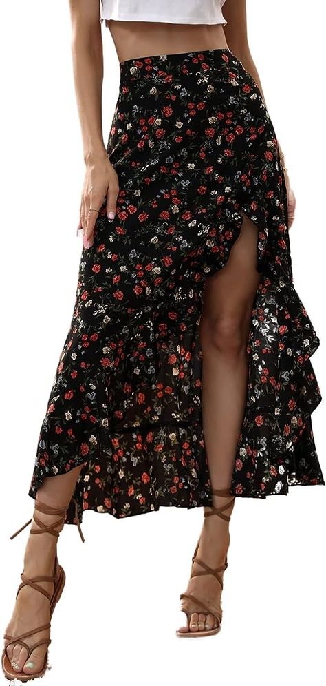 SheIn Women's Floral Split Thigh Flared Midi Skirt High Low Hem Ruffle Swing Skater Skirts, Black Floral, Medium : Amazon.ca: Clothing, Shoes & Accessories Flared Midi Skirt, Shein Fashion, Skater Skirts, Black Skater Skirts, High Waist Long Skirt, Midi Flare Skirt, Knee Skirts, Hem Skirt, Asymmetrical Skirt