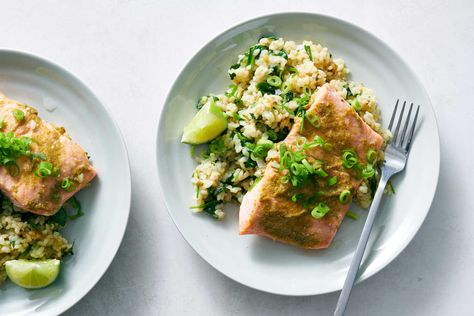 Green Curry Salmon With Coconut Rice Recipe - NYT Cooking Green Curry Salmon, Easy Chopped Salad, Curry Salmon, Thai Green Curry Paste, Coconut Rice Recipe, Melissa Clark, Pan Fried Salmon, Green Curry Paste, Crispy Baked Chicken