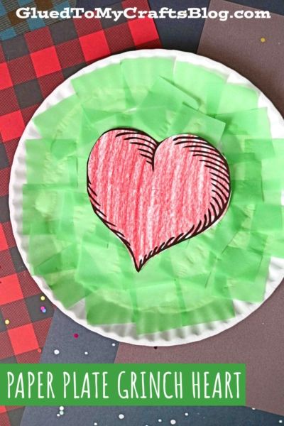 SUPER EASY Paper Plate Grinch Heart Craft Idea For Kids - Glued To My Crafts Easy Grinch Crafts For Preschool, Grinch Craft For Toddlers, Grinch Themed Crafts For Toddlers, Grinch Week Preschool, The Grinch Activities Preschool, Grinch Fine Motor Activities, Grinch Day Crafts, Grinch Heart Craft, Grinch Day Preschool Activities