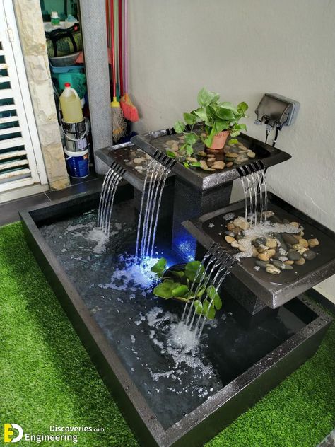 30 Creative Water Fountain Ideas for Your Home Check more at https://zugnews.com/30-creative-water-fountain-ideas-for-your-home/ Balcony Fountain, Corner Waterfall, Indoor Fountain Ideas, Fountain In Garden, Water Fountain Ideas, Resin Fountain, Waterfall Landscaping, Outdoor Wall Fountains, Miniature Zen Garden