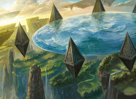 Floating Landscape, Peter Mohrbacher, Sci Fi Landscape, Mtg Art, Psy Art, Rpg Map, Space Fantasy, Reflecting Pool, Magic The Gathering Cards