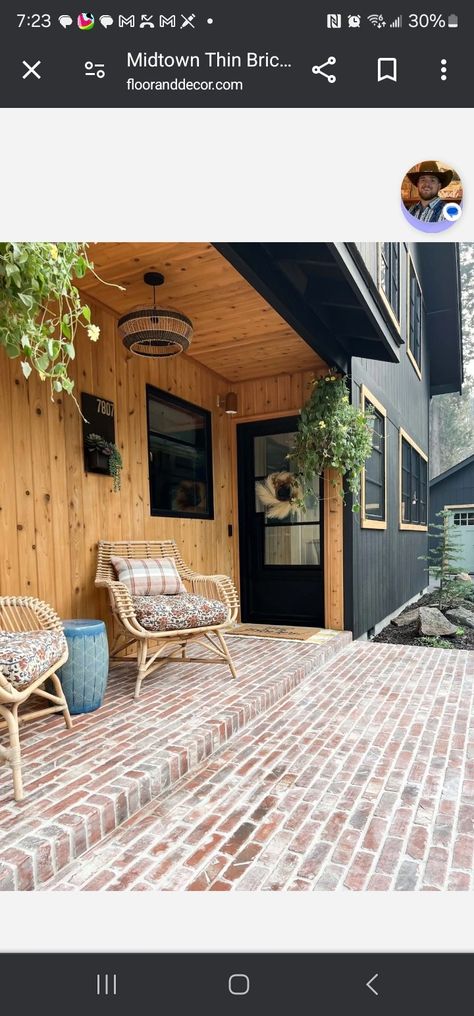 Brick Porches, Porch Transformation, Cedar Decking, Brick Porch, Cabin Vibes, Cedar Deck, Brick Patio, Brick Paneling, Reclaimed Brick