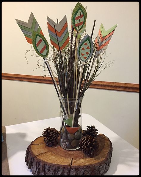 Adorable tribal centerpiece for baby shower! #lovetocreatebylizzietyler #tribal #arrow #babyshower #decor #centerpiece #craft Arrow Baby Shower, Adventure Baby Shower, Baby Shower Decorations For Boys, Shower Centerpieces, Woodland Theme, Boho Baby Shower, Baby Shower Centerpieces, Baby Shower Food, Baby Shower Woodland