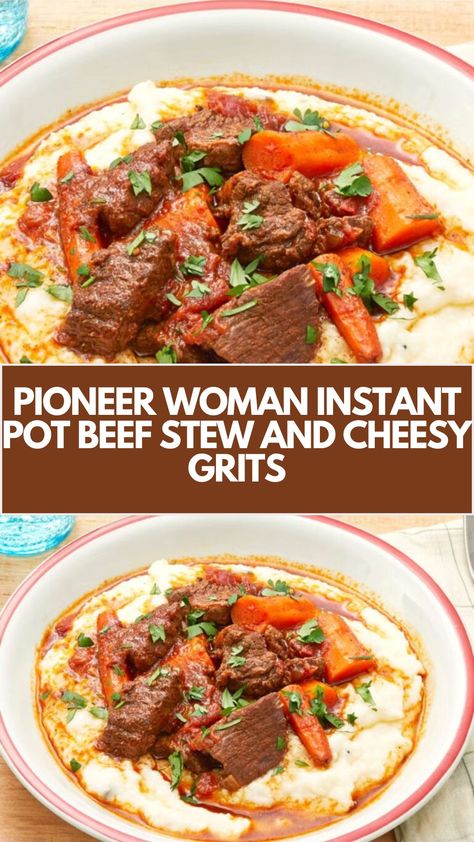 Pioneer Woman Instant Pot Beef Stew and Cheesy Grits is made with beef stew meat, ancho chile powder, cumin, tomatoes with chiles, carrots, instant grits, and pepper jack cheese. This hearty and delicious Instant Pot beef stew recipe creates a comforting dinner that takes about 1 hour and 10 minutes to prepare and can serve up to 6 people. Pioneer Woman Instant Pot Recipes, Stew Meat Instant Pot Recipes, Beef Stew Meat Recipes Instant Pot, Pioneer Woman Beef Stew, Southern Beef Stew, Beef Stew Instant Pot, Instant Pot Beef Stew Recipe, Beef Stew Meat Recipes, Instant Pot Beef Stew