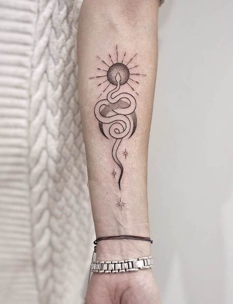 Snake Forearm Tattoo, Simple Sun Tattoo, Tiny Tattoos With Meaning, Snake Tattoo Meaning, Om Tattoo Design, Moon Sun Tattoo, Our Mindful Life, Ring Finger Tattoos, Om Tattoo