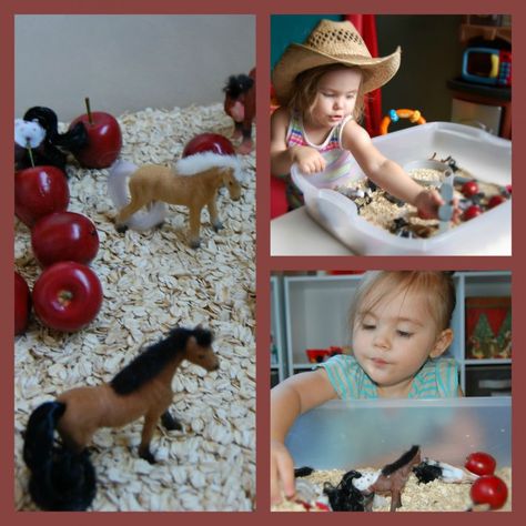 Tot School for Twos: Horse Play Sensory Bin | Simple. Home. Blessings Sensory Play Activities, Fine Motor Development, Wild West Theme, Fall Farm, Farm Preschool, Toddler Education, Farm Activities, Horses Theme, Motor Development