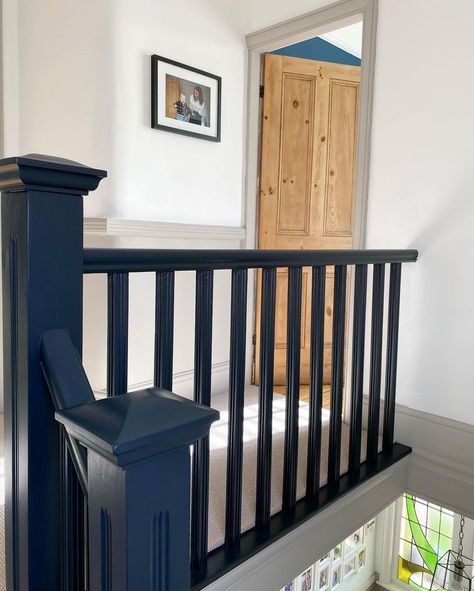 Navy Blue Banister, 2023 Plans, Downstairs Hallway, Staircase Paneling, Landing Stairs, Landing Ideas, Upstairs Landing, Stair Ideas, Door Plates