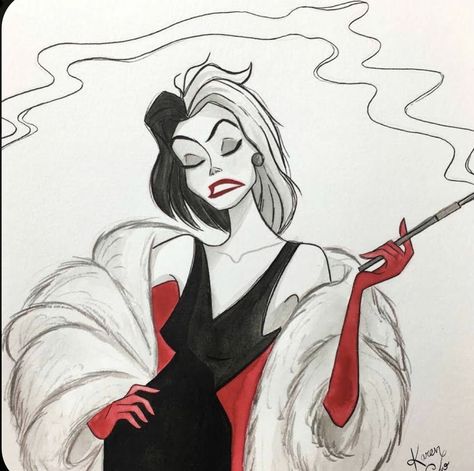 Cruella Deville, Disney Characters Videos, Pinturas Disney, Art Drawings Sketches Creative, Ink Sketch, 만화 캐릭터, Art Instagram, Disney Fan Art, Cool Art Drawings