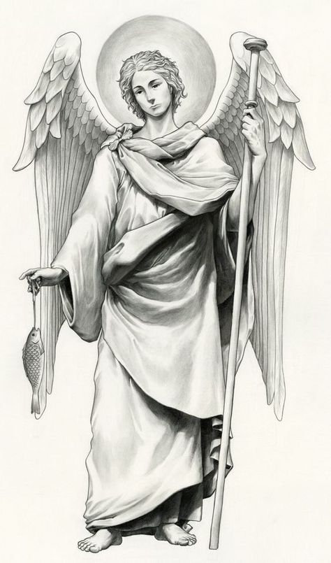 St Raphael Archangel Tattoo, Arch Angel Raphael Tattoo, Angel Raphael Tattoo, Archangel Raphael Tattoo, Angel Tattoo Sketch, Raphael Tattoo, Angel Tatoos, Saint Raphael Archangel, Biblical Angel