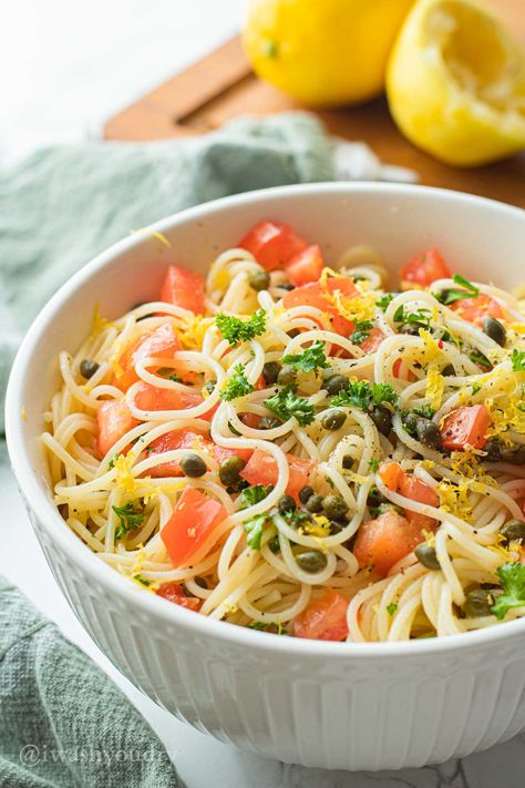 LEMON CAPELLINI SALAD 👉... - I Wash... You Dry | Facebook Lemon Capellini Pasta, Capellini Salad, Lemon Capellini, Ww Pasta, Lemon Pasta Salads, Capellini Pasta, Asparagus Pasta Salad, Cold Pasta Dishes, Greek Pasta Salad Recipe