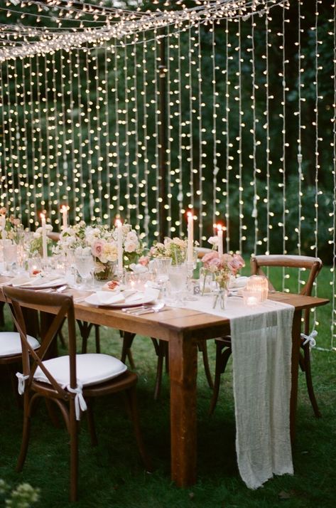 Wedding Deck Decorations, Small Backyard Wedding Reception At Home, House Wedding Ideas Small, Garden Party Theme Wedding, Minimal Backyard, White Lights Wedding, Massachusetts Elopement, Night Wedding Ceremony, Outdoor Night Wedding