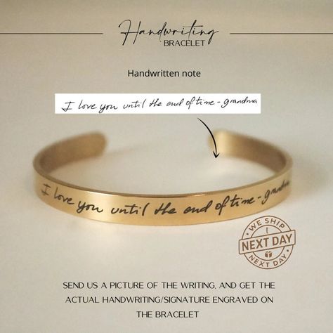 Preserve the precious words and memories of a loved one with our Handwriting Cuff, a beautifully personalized custom bracelet that holds a special place in your heart. This memorial jewelry piece serves as a touching and sentimental gift for yourself or someone who cherishes the heartfelt handwritten messages from a dear friend, family member, or partner. Details: * Mirror polish 18K Gold Plated * The bracelet measures 6 inches x 1/4 inch or 6 Inches x 1/2 inch and can be gently squeezed or pull Gold Bar Necklace Personalized, Customized Necklace, Handwriting Bracelet, Signature Bracelet, Delicate Gold Necklace, Custom Initial Necklace, Bar Necklace Personalized, Custom Bracelet, Gold Bar Necklace