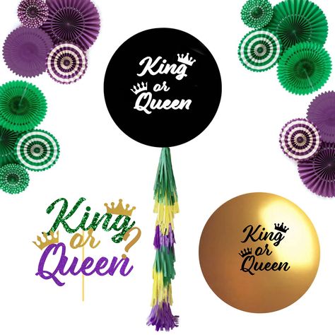 Mardi Gras Gender Reveal, Giant Balloon, Black Balloon, Blue Confetti, Gender Reveal Ideas, Gender Reveal Balloons, King Or Queen, Balloon Kit, Mardi Gras Decorations