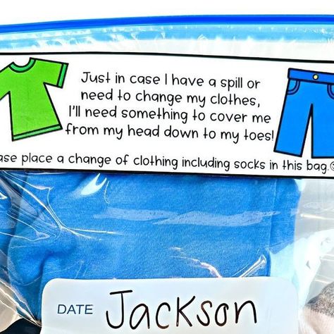 Angie Brezina - Preschool/Pre-K on Instagram: "👕 FREEBIE👖

👕Send these labeled bags home with students for parents to place a change of clothing in!  I included five different options; 4 color and 1 black & white😀

👕need the link?  Like this post and comment Clothes and I’ll send it right over 😊" Send It, Change Me, Just In Case, Preschool, Parenting, Black White, Black And White, White, Clothes