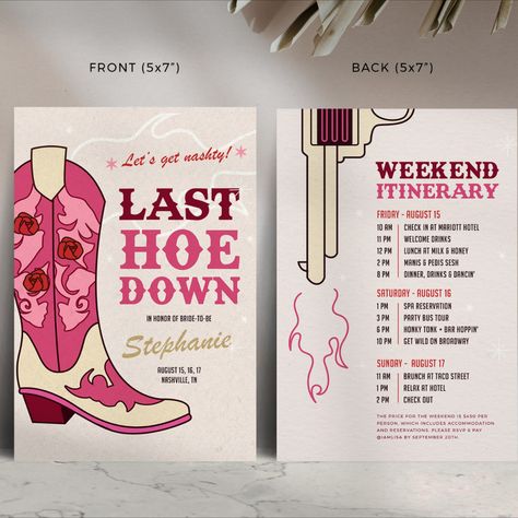 AVAILABLE AT ETSY — CLICK TO DOWNLOAD —  Nashville Bachelorette Last Hoe Down Invitation Template | Last Rodeo, Let's Get Nashty, Modern Western, Country, Cowgirl | 2023 Western Theme Hens Party, Cowgirl Bachelorette Party Invitations, Nashville Bachelorette Party Itenary, Bachelorette Party Hoedown, Bachelorette Theme Ideas Nashville, Nashville Bachelorette Party Invitations, Bachelorette Party Themes For Nashville, Nashville Bachelorette Invitations, Themed Bachelorette Party Ideas Nashville