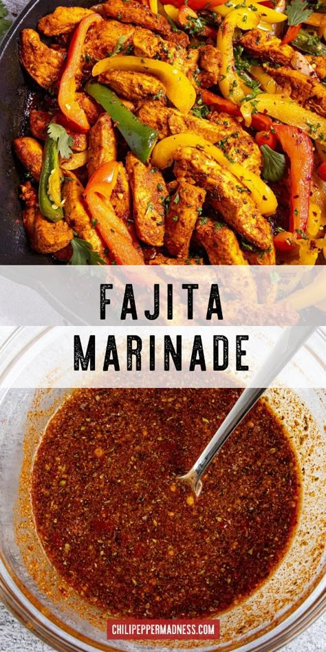 This recipe is my top pick for fajita marinade whether you're cooking steak, shrimp, or chicken. It's simple to whip up and bursting with flavor, thanks to ingredients like olive oil, lime juice, and a blend of tasty seasonings. Time to cook up some delicious fajitas! Fajita Marinade Recipe, Steak Fajita Marinade, Recipe For Steak, Grilled Chicken Fajitas, Fajita Seasoning Recipe, Fajita Marinade, Steak Fajita Recipe, Cooking Steak, Steak Shrimp