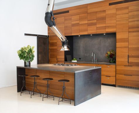 One of the limitations in most kitchens is the need to create venting for a stove thereby limiting the location a stove can be placed, but with a flexible Kitchen Extractor Fan, Statement Kitchen, Kitchen Extractor, Kitchen Fan, Steel Barns, New York Loft, Concrete Countertops Kitchen, Extractor Hood, Loft Studio