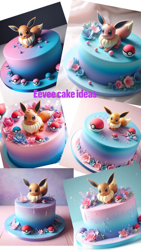 Cake ideas with Eevee pokemon and pastel tones Eevee Pokemon Cake, Simple Pokemon Cake Ideas, Evee Pokemon Cake, Eevee Cake Ideas, Easy Pokemon Cake Ideas, Mewtwo Cake, Eevee Birthday Cake, Eevee Birthday Party Ideas, Eevee Birthday Party