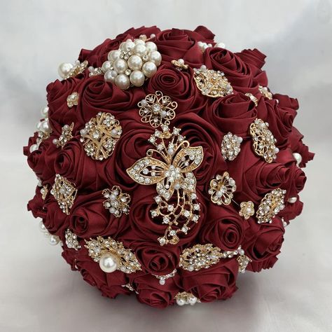 Brides Brooch Bouquet Burgundy Red and Gold Satin Roses | Etsy Silver Weddings, Quince Cake, Bouquet Burgundy, Gold Bouquet, Jeweled Bouquet, Purple Bouquets, Artificial Wedding Flowers, Ghana Wedding, Red Quinceanera Dresses