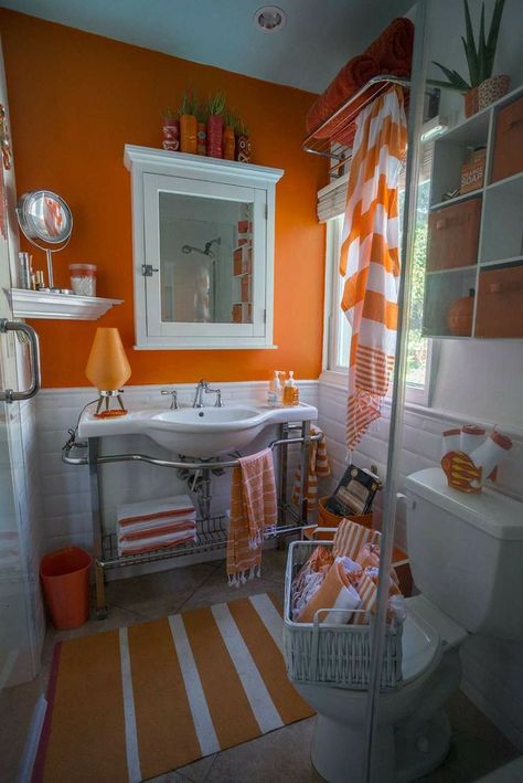 Light Orange Bathroom, Orange Bathroom, Burnt Orange Bathroom, Orange Bathrooms Designs, Orange Bathroom Decor, Orange Bathrooms, Craftsman Bathroom, Bathroom Themes, Modern Bathroom Decor