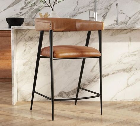 Bar Stools & Counter Stools | Kitchen & Dining Furniture | Pottery Barn Kitchen Counter Stools, Leather Counter Stools, Leather Repair, Classic Home, Bar Seating, Curved Back, Kitchen Stools, Kitchen Bar Stools, Classic House